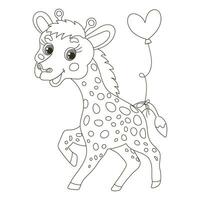 mignonne dessin animé peu bébé girafe personnage avec une ballon sur le sien queue. esquisser, contour dessin pour une coloration livre. vecteur