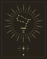 affiche d'astrologie magique avec constellation de gémeaux, carte de tarot. dessin doré sur fond noir. illustration verticale, vecteur