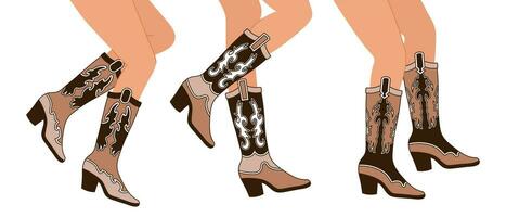 ensemble de jambes dans cow-boy bottes. divers cow-girl bottes. cow-boy occidental thème, sauvage Ouest, Texas. main tiré Couleur branché illustration, vecteur