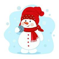 bonhomme de neige mignon dans un chapeau et une écharpe avec une boule de noël et des flocons de neige. illustration de noël, impression pour enfants, vecteur