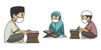 le personnage ustaz et les étudiants lisent le coran vêtus de vêtements musulmans vecteur