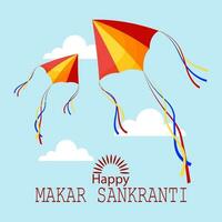 heureux makar sankranti, cerf-volant coloré dans le ciel avec des nuages. carte de vacances hindoue, vecteur