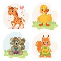 ensemble de mignonne dessin animé peu animal personnages, girafe, nounours ours, écureuil, poulet, caneton, raton laveur, hérisson, loup, castor. des illustrations dans plat style. enfants imprimer, carte postale. vecteur