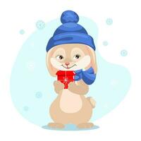 lapin mignon dans un chapeau et une écharpe avec un cadeau sur le fond des flocons de neige. illustration de noël, impression pour enfants, vecteur