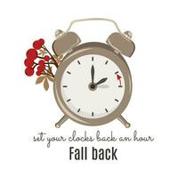 lumière du jour économie temps prend fin. tomber retour changement horloges. vecteur illustration avec une l'horloge tournant un heure dos. horloges avec l'automne feuilles et baies.