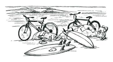 vecteur illustration dans esquisser style, dépouillé, de imaginaire plage scène avec Vélos, planches de surf et Vêtements éléments. dessin dans dessin animé style.