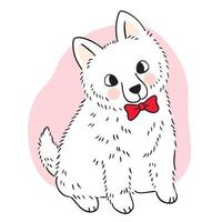 main dessiner dessin animé mignon chien blanc et vecteur de noeud papillon rouge.