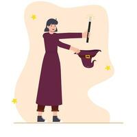 vecteur illustration de une sorcière avec une la magie baguette magique et une chapeau.