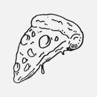 Pizza tranche dans main tiré style. vecteur illustration.