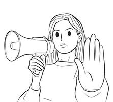 malheureux sérieux Jeune femme avec mégaphone Faire Arrêtez signe personnage dessin animé ligne art illustration vecteur