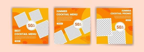 modèle de publication sur les réseaux sociaux pour le menu de cocktails d'été. vecteur