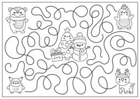 Noël noir et blanc Labyrinthe pour enfants. hiver ligne vacances préscolaire imprimable activité avec mignonne kawaii cerf, manchot, ours, arbre, bonhomme de neige. Nouveau année labyrinthe jeu, puzzle ou coloration page vecteur