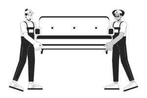 diverse Hommes meubles déménageurs noir et blanc dessin animé plat illustration. en mouvement entreprise ouvriers porter canapé 2d lineart personnages isolé. déménagement un service monochrome scène vecteur contour image