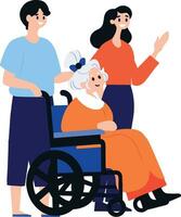 main tiré personnes âgées la personne séance dans une fauteuil roulant et enfant dans plat style vecteur