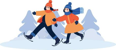 main tiré couple personnage en jouant la glace patinage dans hiver dans plat style vecteur