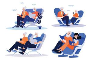 main tiré personnes âgées couple séance sur une avion à Voyage dans plat style vecteur