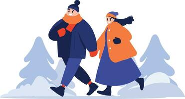 main tiré couple portant hiver Vêtements des promenades sur une chemin rempli avec neige dans plat style vecteur