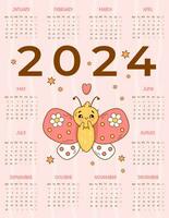 calendrier 2024 mignonne épris papillon sur rose Contexte. vecteur verticale modèle 12 mois dans Anglais. la semaine départs sur lundi. des gamins collection. papeterie, impression, organisateur