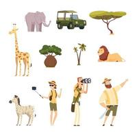 safari africain. la faune animaux voyage voiture kenya jungle personnages vecteur