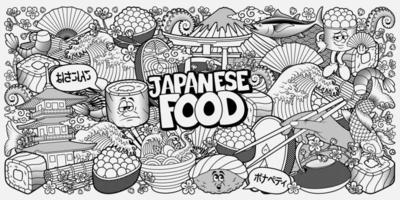 nourriture japonaise doodle fond noir et blanc vecteur