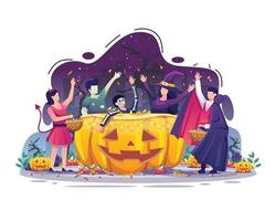 les gens portant des costumes d'halloween collectent des bonbons illustration vecteur