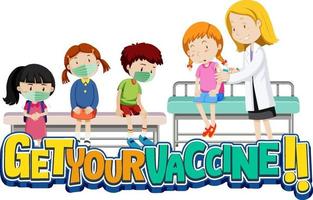 obtenez votre police de vaccination avec de nombreux enfants faisant la queue pour se faire vacciner vecteur