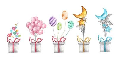 coffret cadeau avec des ballons. illustration à l'aquarelle. vecteur