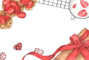 desserts aux fraises avec coffret cadeau et coeur en chocolat. aquarelle. vecteur
