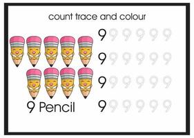 compter trace et crayon de couleur numéro 9 vecteur