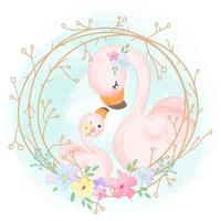 jolie maman et bébé flamant rose en illustration aquarelle vecteur