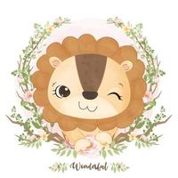 mignon petit lion en illustration aquarelle vecteur