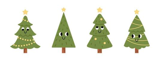 vecteur ensemble de différent mignonne souriant Noël des arbres. marrant puéril sapin des arbres avec guirlandes et des balles. Nouveau année et Noël fête. collection de Noël des arbres avec visages dans plat conception.