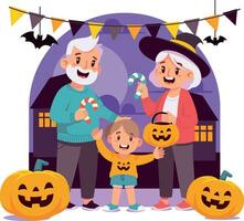 content grands-parents en train de préparer tromper ou traiter avec petite fille, content Halloween vecteur