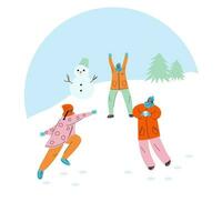 hiver Extérieur activités. les enfants jouer boules de neige. l'hiver amusement. content les enfants en jouant à l'extérieur dans l'hiver. plat dessin animé vecteur illustration. mignonne personnages