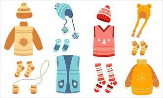 ensemble de chaud hiver vêtements conception. hiver accessoires dessin animé vecteur illustration
