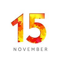 novembre 15 calendrier nombre logo. l'automne signe concept. planificateur ou bannière modèle. 1 et 5 symbole. Créatif icône avec tomber feuilles. saisonnier emblème avec rouge, Jaune et Orange couleurs vecteur