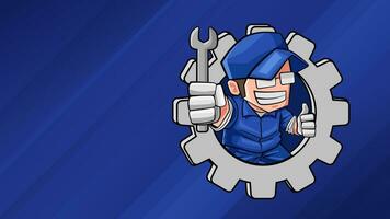 mécanicien dessin animé personnage en portant une clé à l'intérieur équipement Cadre sur bleu Contexte bannière vecteur