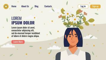 plat conception site Internet atterrissage page modèle avec une portrait de une femme avec une bouquet de fleurs. mental santé concept. vecteur illustration.