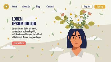 plat conception site Internet atterrissage page modèle avec une portrait de une femme avec une bouquet de fleurs. mental santé concept. vecteur illustration.
