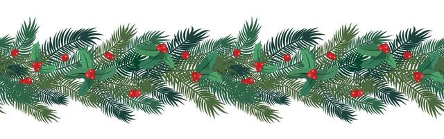 hiver vacances sans couture frontière. Noël arbre branches avec houx baies. isolé sur blanc Contexte. content Nouveau année bannière conception. vecteur