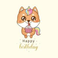 Licorne shiba inu mignonne tenant un petit gâteau pour joyeux anniversaire. vecteur