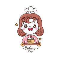 logo de chef mignon pour boulangerie. une fille tenant un petit gâteau. vecteur