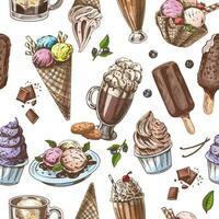 vecteur ancien sans couture modèle de différent les types de la glace crème et sucré aliments. une dessiné à la main Couleur illustration de desserts. génial pour menu, affiche ou restaurant Contexte.