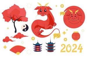 ensemble 2024 année de le chinois dragon, mignonne dragon, pagodes, des nuages, lanterne vecteur