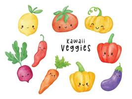 kawaii aquarelle légume personnages collection. mignonne et coloré des illustrations vecteur