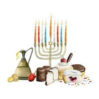 Hanoukka salutation carte composition avec vacances symboles aquarelle vecteur illustration. ménorah, toupie, beignets, bougies