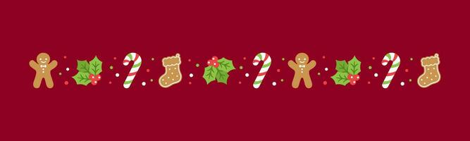 Noël à thème décoratif frontière et texte séparateur, pain d'épice biscuits et bonbons canne modèle. vecteur illustration.