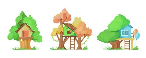 ensemble de différent Maisons sur des arbres pour enfants. dessin animé vecteur illustration.