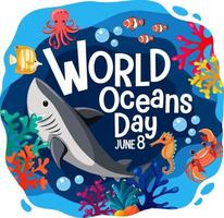bannière de la journée mondiale de l'océan avec de nombreux animaux marins différents vecteur