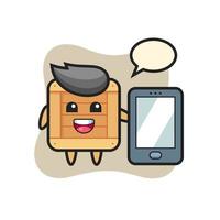caricature d'illustration de boîte en bois tenant un smartphone vecteur